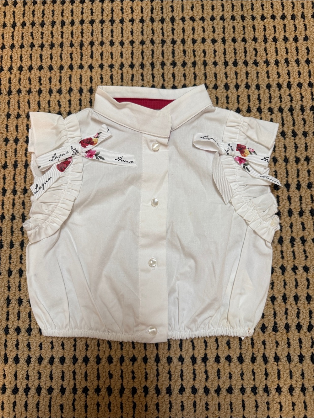 Lapin House girls 2 White Ruffle Sleeve Button-Front Crop Top with Floral Ribbon